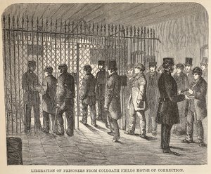 Freilassung von Gefangenen aus dem Coldbath Fields House of Correction, Illustration aus The Criminal Prisons of London and Scenes from Prison Life von Henry Mayhew und John Binny, veröffentlicht 1862 von English School