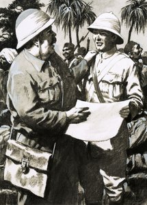 Leutnant Downes und der Künstler Melton Prior mit Priors Zeichnung des Angriffs auf Minhla von English School