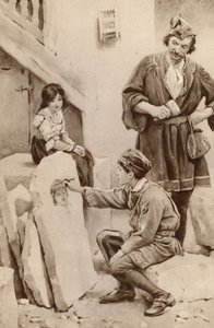 Der kleine Michelangelo zeichnet ein Porträt (Farblithografie) von English School