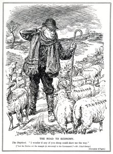 Lloyd George als Hirte von Großbritannien bittet die Steuerzahler (Schafe), die Erholung der Wirtschaft zu führen, Dezember 1920 von English School