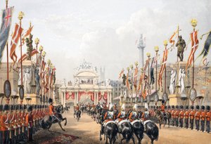London Bridge, bewacht von der Honourable Artillery Company of London, aus Ein Gedenkbuch zur Hochzeit von Edward VII. und Alexandra von Dänemark, veröffentlicht 1864 von English School