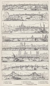 London Bridge, Southwark Bridge, Blackfriars Bridge, Waterloo Bridge, New Hungerford Bridge, Westminster Bridge, Vauxhall Bridge, Hammersmith Bridge (Stich) von English School