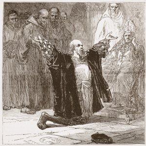 Lord Cobham vor den Bischöfen, Illustration aus Die Geschichte des Protestantismus von James Aitken Wylie, veröffentlicht 1878