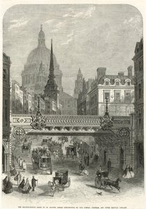 Ludgate Hill, die Eisenbahnbrücke, die von der London, Chatham and Dover Railway Company errichtet werden soll von English School