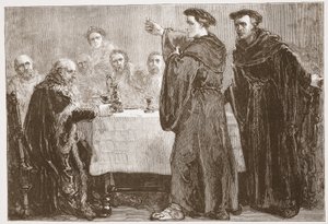 Luther fordert Carlstadt heraus, gegen ihn zu schreiben, Illustration aus Die Geschichte des Protestantismus von James Aitken Wylie, veröffentlicht 1878 von English School