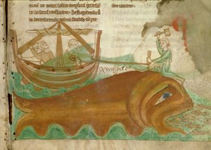 MS.254.f33r Ein Wal mit einem Seemann, der einen Pfahl in seinen Kopf schlägt, Detail aus einem englischen Bestiarium, frühes 13. Jahrhundert (Pergament)