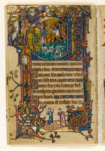 MS 1-2005, fol. 139v: Die Verkündigung an die Hirten, historiierte Initiale aus dem Macclesfield Psalter, Use of Sarum, Ostanglien, um 1330