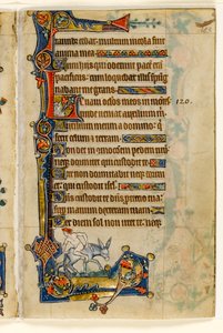 MS 1-2005, fol. 183r: Ein Mann, der rückwärts reitet, Randdekoration aus dem Macclesfield Psalter, Use of Sarum, Ostanglien, um 1330