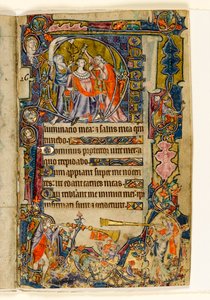 MS 1-2005, fol. 39r: Die Salbung Davids und Trompeter, historiierte Initiale aus dem Macclesfield Psalter, Use of Sarum, Ostanglien, um 1330 von English School