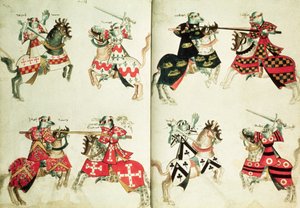 Ritterturnier mit heraldischen Emblemen (Pergament) von English School