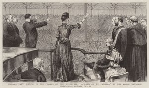 Madame Patti singt im Chor des walisischen Liedes "O Land meiner Väter" beim Royal National Eisteddfod, Brecon, Wales (Stich) von English School