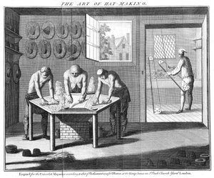 Herstellung von Biberhüten, aus The Universal Magazine, London, veröffentlicht 1750 von English School