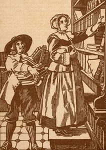 Männliche und weibliche Buchhändler, die in einer Buchhandlung des 17. Jahrhunderts arbeiten