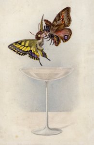 Mann und Frau, als Schmetterlinge, schweben über einem Glas Champagner von English School