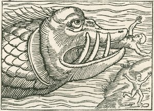 Mann, der von einer Seeschlange gefressen wird. Illustration am Rand einer Karte von Olaus Magnus von English School