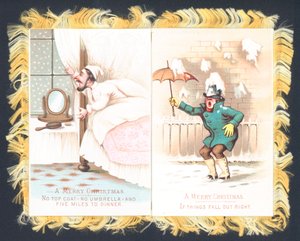 Mann im Bett, Mann unter fallendem Schnee! Weihnachtskarte von English School