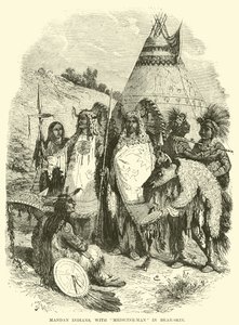 Mandan-Indianer mit Medizinmann im Bärenfell von English School