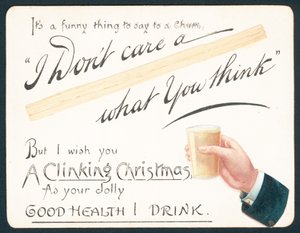 Hand eines Mannes hält Glas, Weihnachtskarte von English School