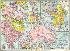 Karte der britischen Besitzungen 1914 bei Ausbruch des Ersten Weltkriegs, aus The British Empire Universities Modern English Illustrated Dictionary, veröffentlicht 1914