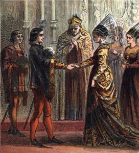 Heirat von König Heinrich V. von England (1387-1422) mit Catherine de Valois (1401-1437) im Jahr 1420. „Heirat von Heinrich V.“, 1420. Heinrich heiratete Catherine, die Tochter des Königs von Frankreich. von English School