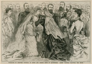 Heirat von Prinzessin Victoria von Hessen und Prinz Louis von Battenberg, Königin Victoria grüßt die Braut, 16. Mai 1884 von English School