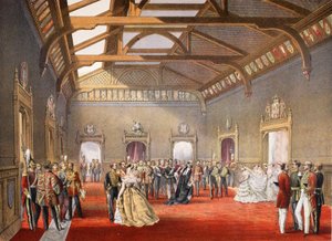 Das Marschieren der Prozession der Braut in der zentralen Halle der temporären Wohnungen, aus Ein Gedenkbuch zur Hochzeit von Edward VII. und Alexandra von Dänemark, veröffentlicht 1864