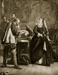 Maria Stuart unterzeichnet ihre Abdankung, Juli 1567, Illustration aus Hutchinsons Geschichte der britischen Nation, ca. 1923