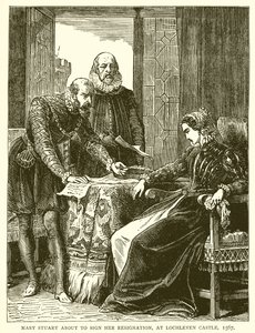 Maria Stuart unterschreibt ihre Abdankung auf Schloss Lochleven, 1567 von English School