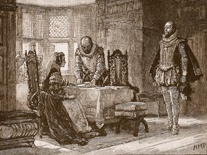 Maria unterzeichnet die Abdankungsurkunde in Schloss Lochleven, Illustration aus Cassells Illustrierter Geschichte Englands von English School