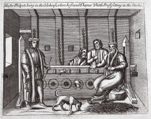 Meister Philpots im Kohlenhaus, wo er Thomas Whittle, Priester, in den Stocks sitzend fand, Illustration aus Acts and Monuments von John Foxe, neunte Ausgabe, veröffentlicht 1684 von English School