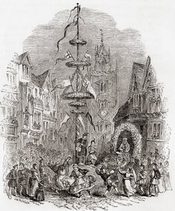 Maibaumtanz vor der St. Andrew Undershaft Kirche, London, England im 19. Jahrhundert, aus Old England: A Pictorial Museum, veröffentlicht 1847