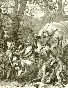 Mittelalterliche Sitten. Raubritter greifen eine Händlerkarawane an von English School