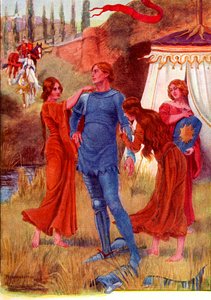 Mittelalterlicher Ritter, Morgenstern wird für die Schlacht vorbereitet. Farbige Illustration aus der Geschichte von Gareth und Lynette aus dem Buch The Gateway to Tennyson, veröffentlicht 1910. von English School
