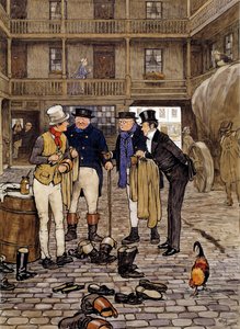 Mitglieder des Pickwick-Clubs treffen Sam Willer. Illustration der Werke von Charles Dickens (1812-1870) aus der englischen Schule. 1837 Private Sammlung von English School