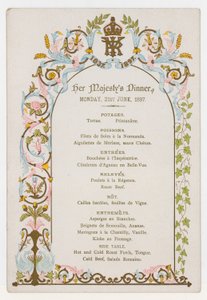 Menü für das Abendessen von Königin Victoria am Montag, 21. Juni 1897, dem Tag vor ihrem Diamantenen Jubiläum von English School