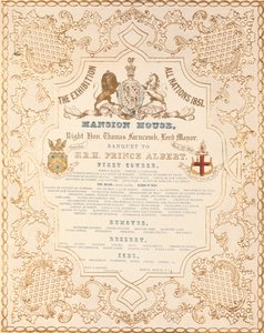 Menü des Banketts für Prinz Albert im Mansion House, zur Feier der Großen Ausstellung aller Nationen, London, 1851 von English School