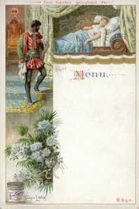 Menü mit einer Szene aus Othello und einer Werbung für Liebigs Fleischextrakt von English School