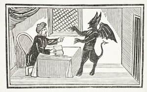 Mephistopheles kommt zum Haus des Doktors, Illustration aus Chap-books of the Eighteenth Century von John Ashton, veröffentlicht 1882
