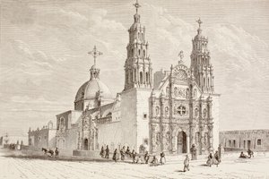 Metropolitankathedrale auf der Plaza de Armas, Chihuahua, Mexiko im neunzehnten Jahrhundert (Litho)
