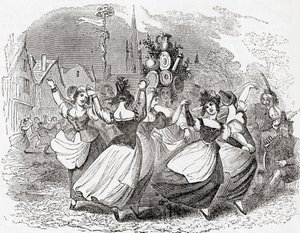 Tanz der Milchmädchen, mit einem Stapel Teller, Maifeiertag, England, aus "Old England: A Pictorial Museum", veröffentlicht 1847 von English School