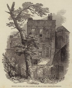 Miltons Haus und von ihm gepflanzter Baum in Petty France, Westminster (Gravur) von English School