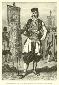 Montenegrinischer Popa in Kriegskleidung mit dem Banner der Kirche von English School