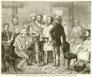 Mr. Kavanagh bereitet sich darauf vor, durch die Rebellenarmee in Lucknow zu gehen von English School