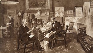 Mr. Winston Churchill in seinem Zimmer im Admiralität, in Beratung mit Admiral der Flotte Lord Fisher von Kilverstone, aus The Illustrated London News, 19. Dezember 1914 von English School