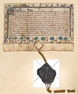 Freibrief für Wilderei, Gewährung von Jagdrechten durch Edward I. an Roger de Pilkington, um 1291 von English School