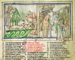 Harald Harefoot überwacht die Folter von Alured und die Unterdrückung des englischen Volkes, aus dem Leben von St. Edward dem Bekenner, ca. 1250-60