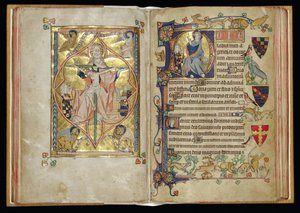 Ms 242 ff.28v-29r Die Dreifaltigkeit und der Thron der Barmherzigkeit in einem historisierten Initial D, aus den Packham-Clifford Stunden, Gebrauch von Sarum, ca. 1314-31 (Goldblatt & Tempera auf Pergament)