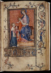 Ms 48, f.86r: Der Besitzer des Manuskripts betet zur Jungfrau und dem Kind, aus den Carew-Poyntz Stunden, Gebrauch von Sarum, ca. 1390-1400 von English School