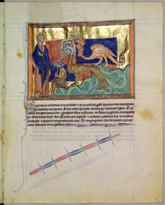 St. Johannes der Evangelist beobachtet, wie Frösche aus den Mündern der drei Tiere kommen, aus der Gulbenkian-Apokalypse, ca. 1265-70 von English School