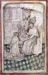 Ms R 14.5 f.8v Thomas Bekynton, Bischof von Bath und Wells, empfängt Chaundler, aus dem Abingdon-Missale, 1457-61 von English School